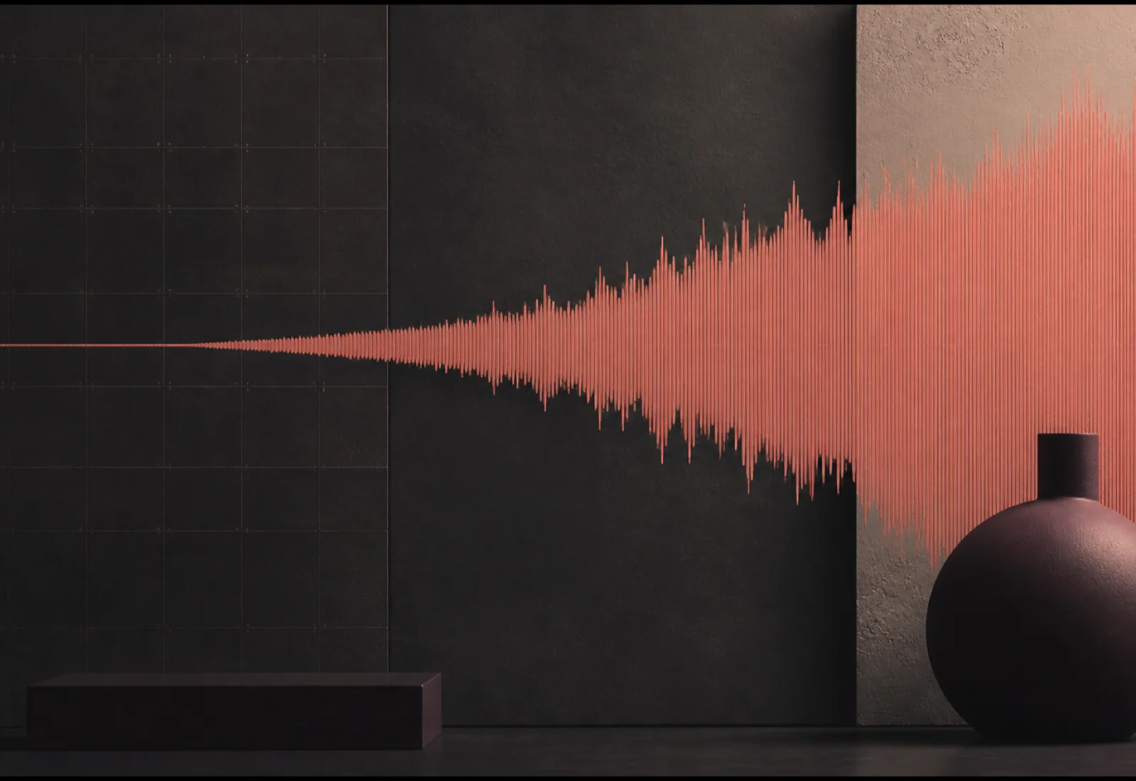 A coral waveform expanding from a fine line to a broad band across a dark editorial grid