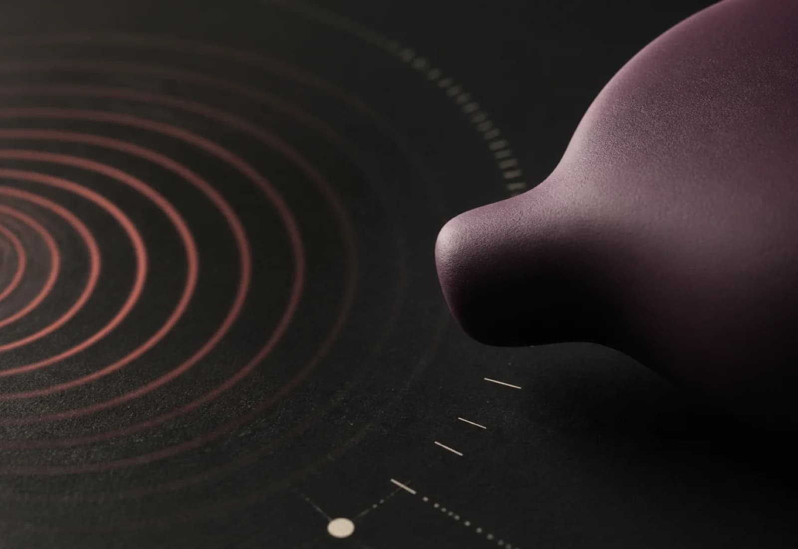 Concentric coral sound rings fading outward beside a plum object silhouette